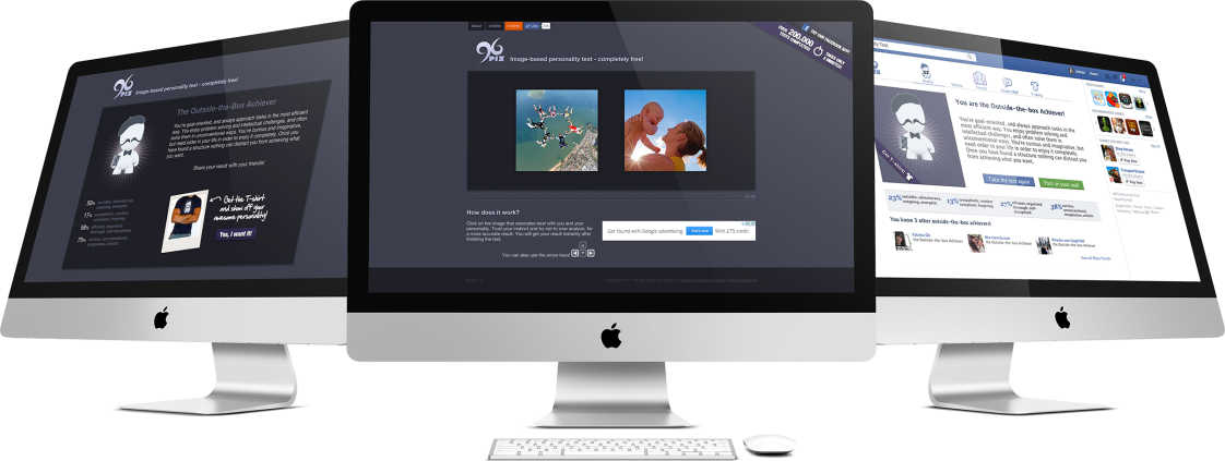 96pix website and Facebook App displayed on three computer screens