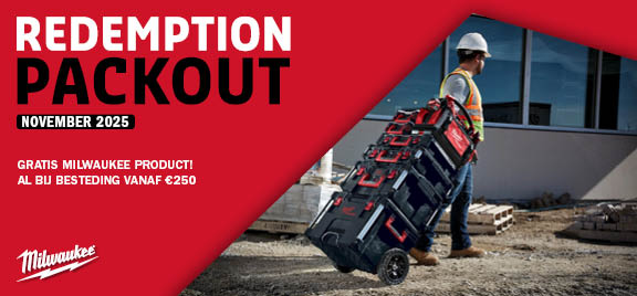 Banner van man op een bouwplaats met een gereedschapstrolley van Milwaukee