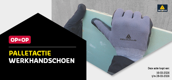 Banner voor palletactie met afbeelding van iemand die iets vast heeft met werkhandschoenen aan