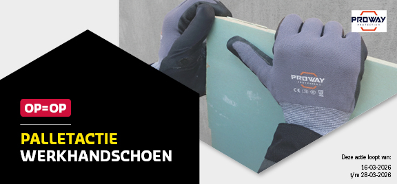 Banner voor palletactie met afbeelding van iemand die iets vast heeft met werkhandschoenen aan