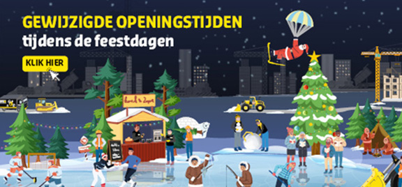 Banner met kerstafbeelding van schaatsende mensen en tekst gewijzigde openingstijden rondom de feestdagen