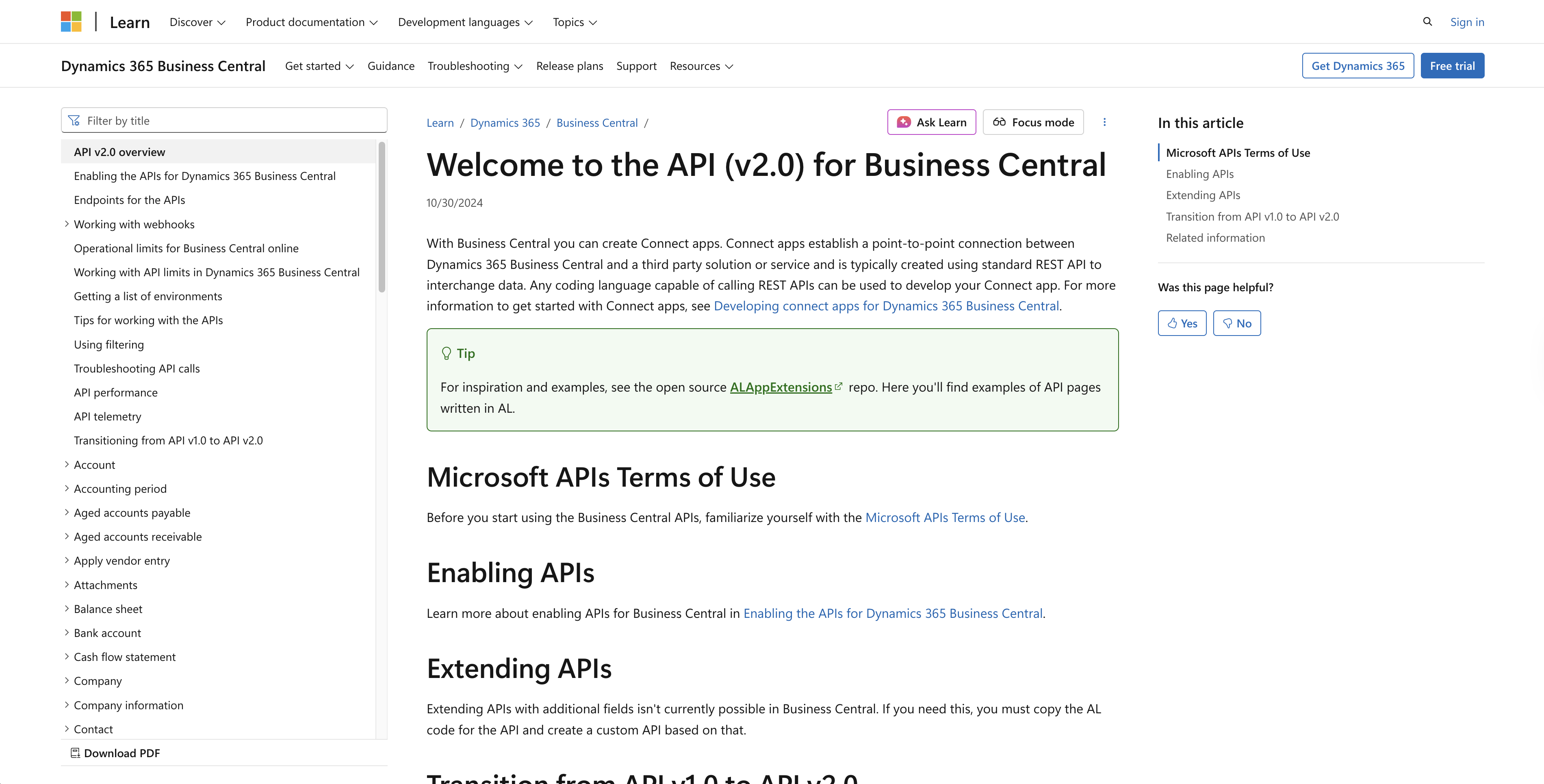 Microsoft Business Central API docs