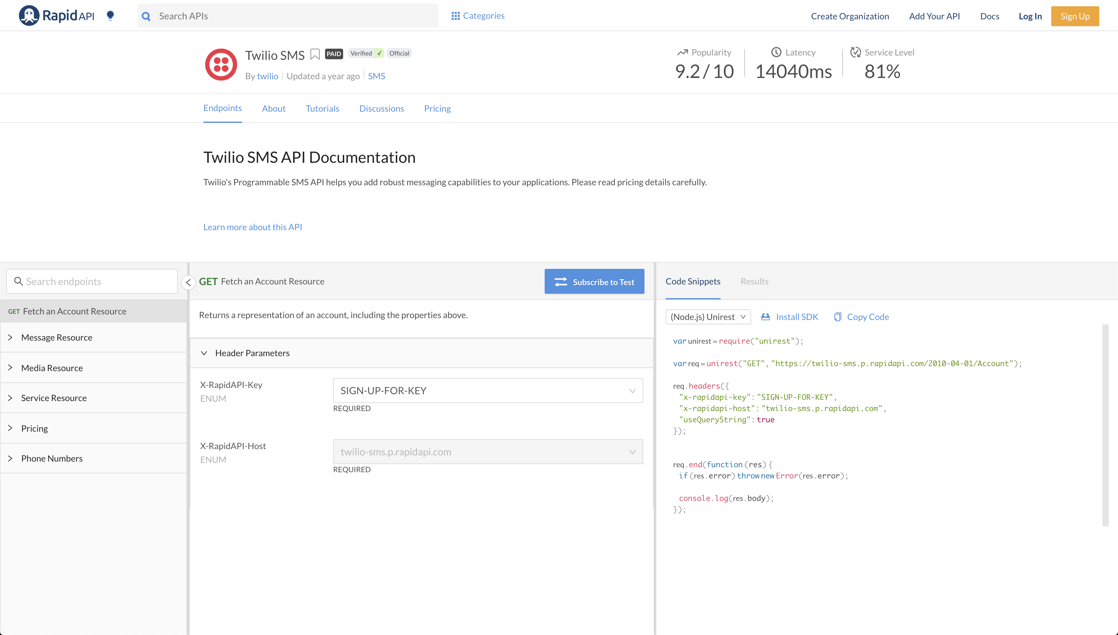 Twilio listing - RapidAPI Marketplace