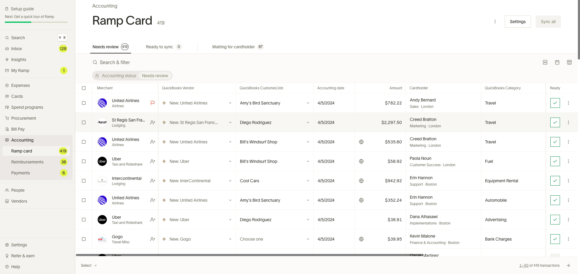 Below is what the QuickBooks Online integration looks like on Ramp after you set it up. 