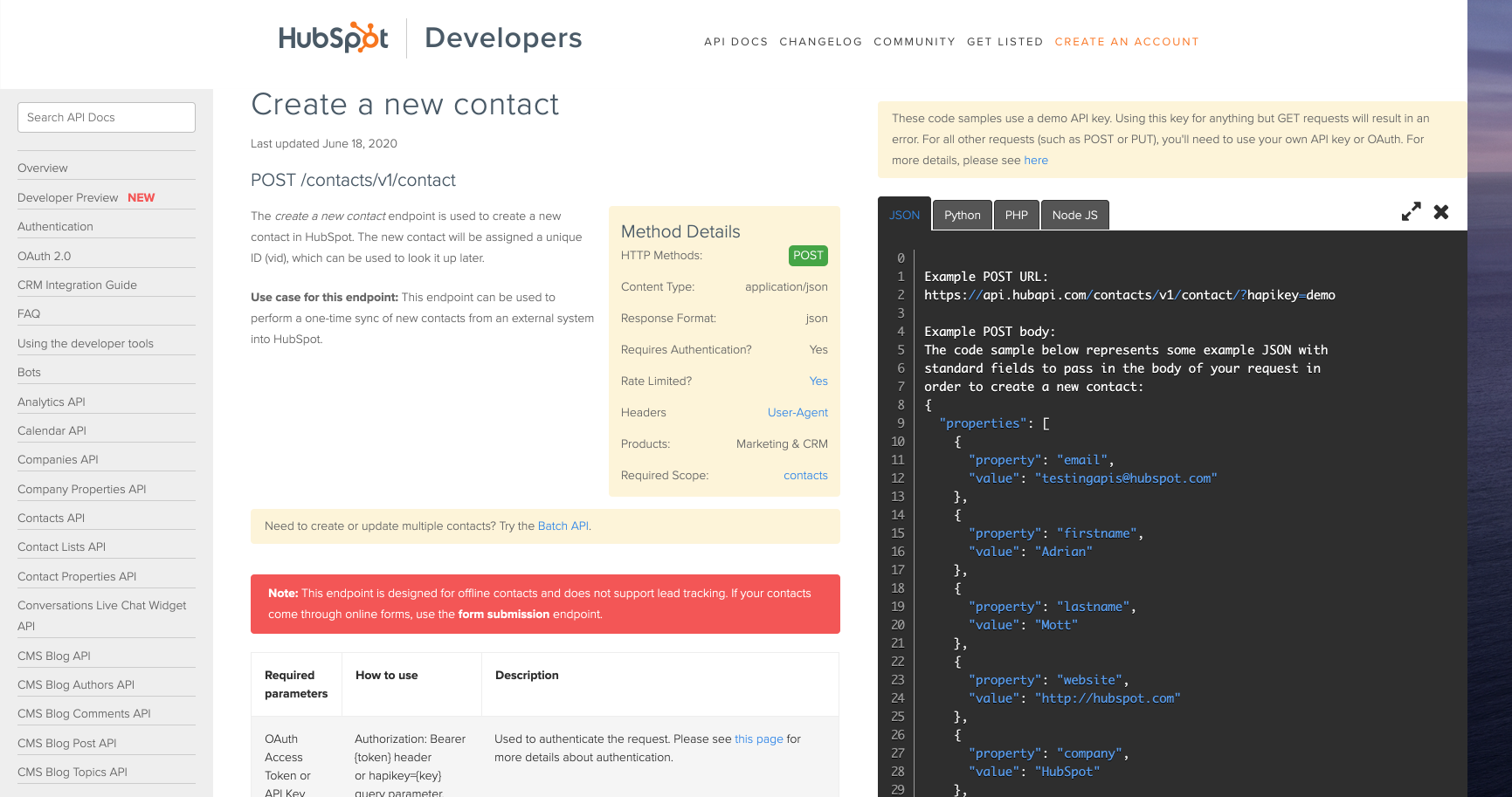 Hubspot developer portal REST API create contact example