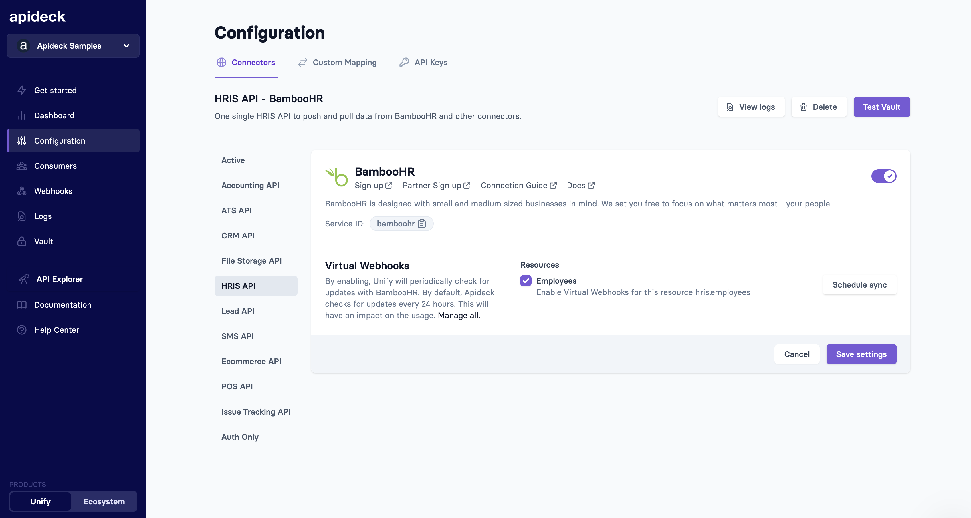 The Apideck dashboard that shows configuring the BambooHR connector