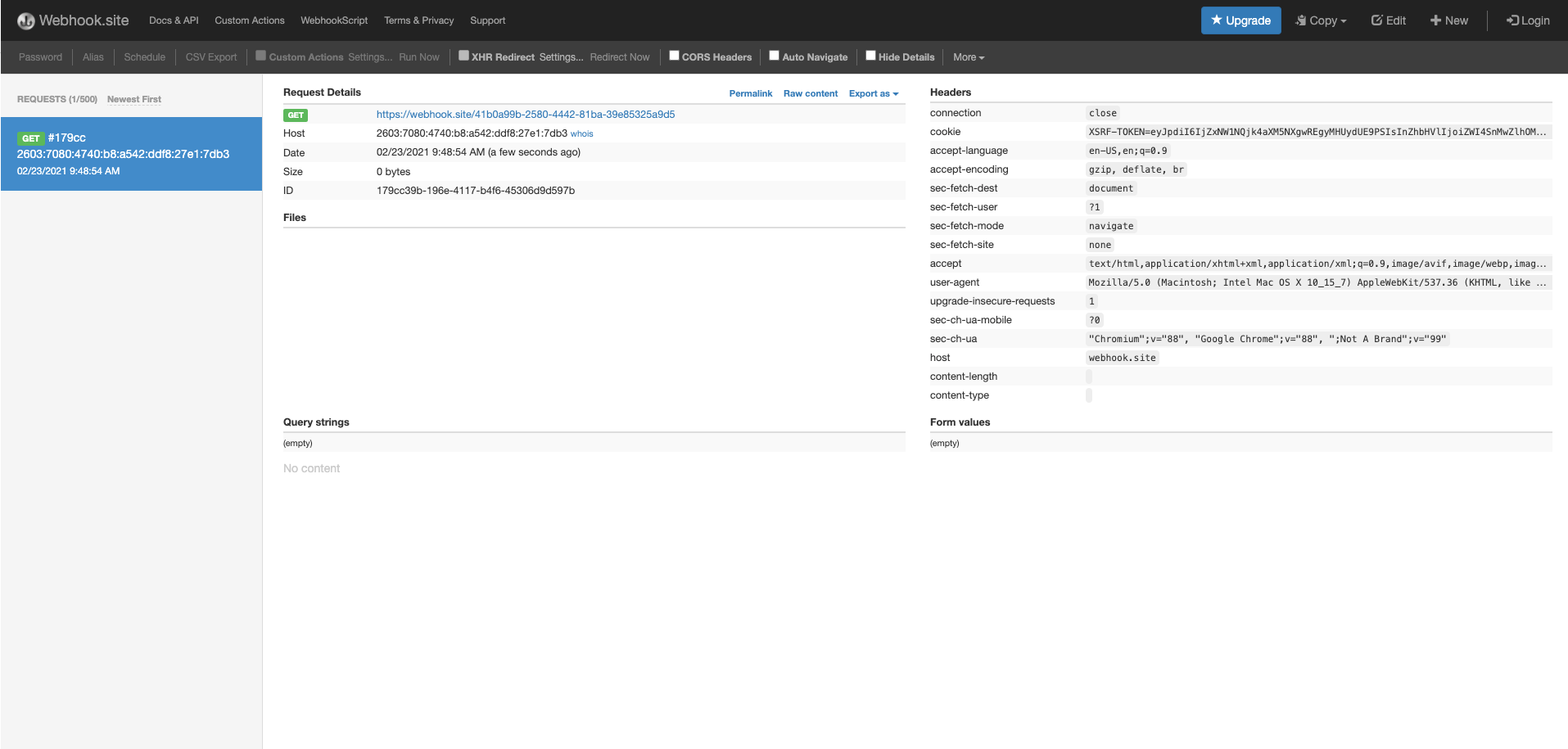 using webhooksite for webhook testing