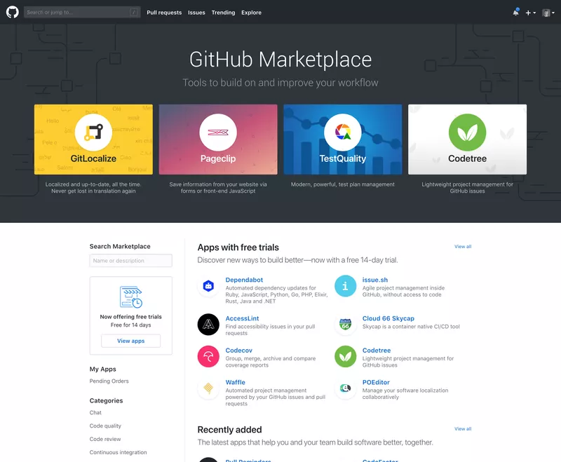 The GitHub Marketplace homepage