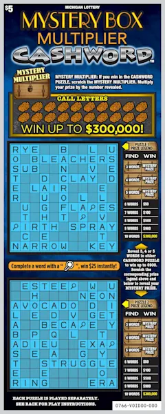 Mystery Box Multiplier Cashword $5 scratch-off ticket
