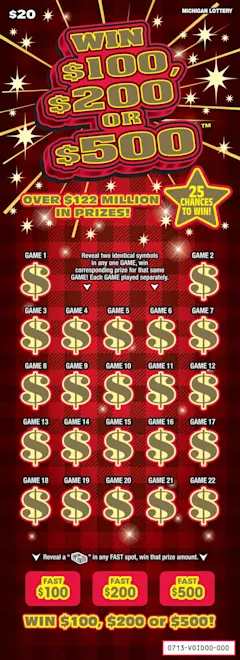 Win $100, $200 or $500 $20 scratch-off ticket
