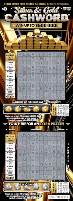 Silver & Gold Cashword $10 scratch-off ticket