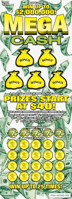 Mega Cash $20 scratch-off ticket