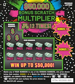 $50,000 Bonus Scratch Multiplier $2 scratch-off ticket