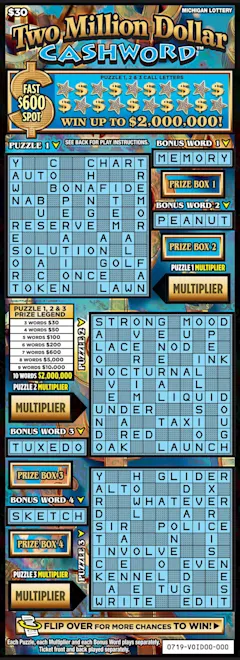 Two Million Dollar Cashword $30 scratch-off ticket