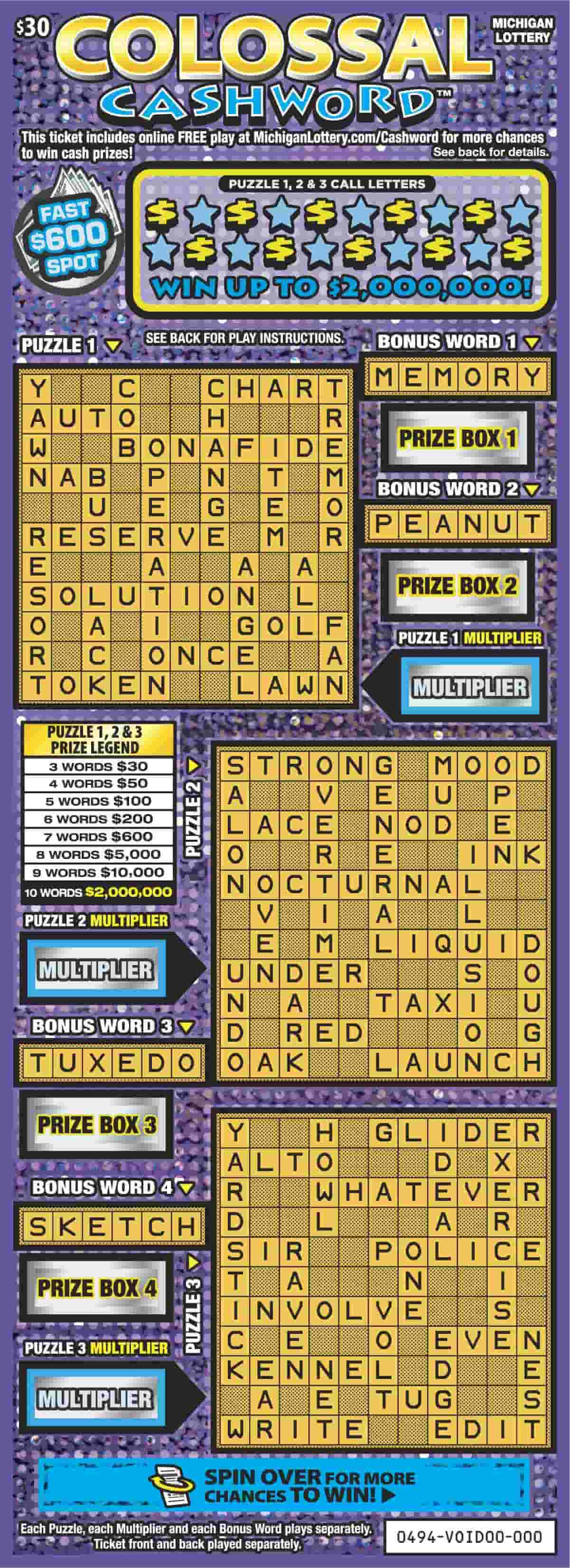 Colossal Cashword - Michigan Lottery