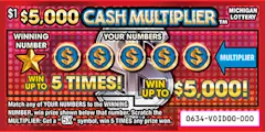 $5,000 Cash Multiplier $1 scratch-off ticket