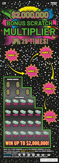 $2,000,000 Bonus Scratch Multiplier $20 scratch-off ticket