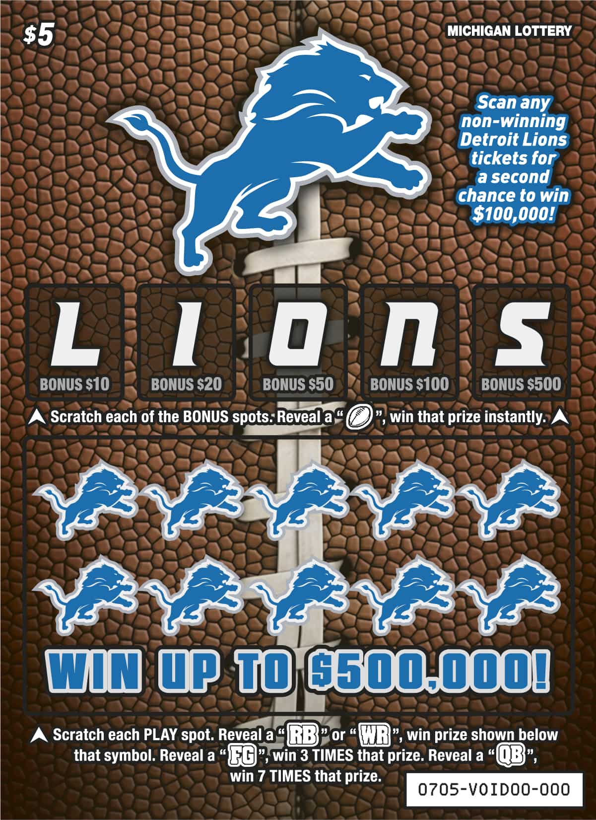 MI Lottery - Detroit Lions (#0705) - scratch off odds