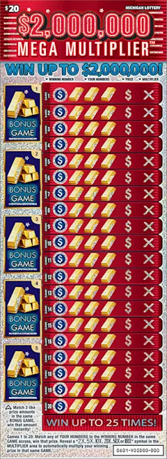 $2,000,000 Mega Multiplier $20 scratch-off ticket