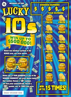 Lucky 10s $5 scratch-off ticket