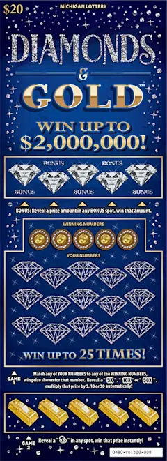Diamonds & Gold $20 scratch-off ticket