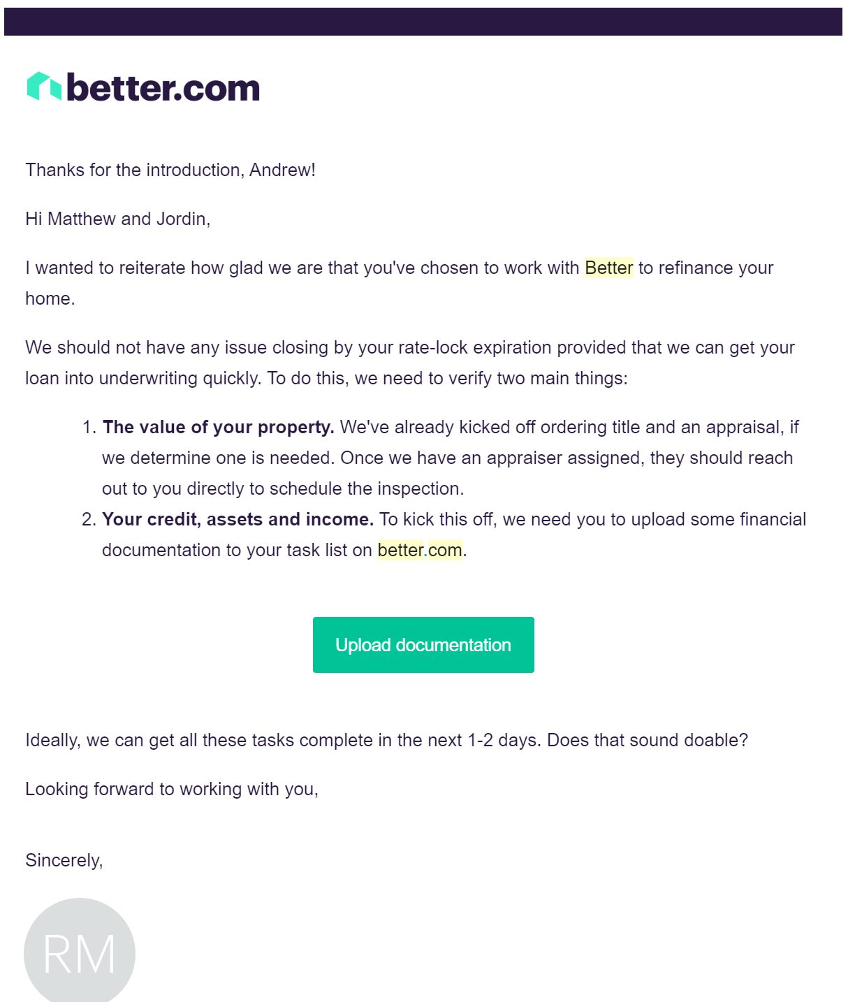Intro canned response from Better.com