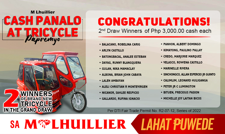 MLHUILLIER CASH PANALO AT TRICYCLE PAPREMYO - 2nd Draw Winners of 3k (Website)