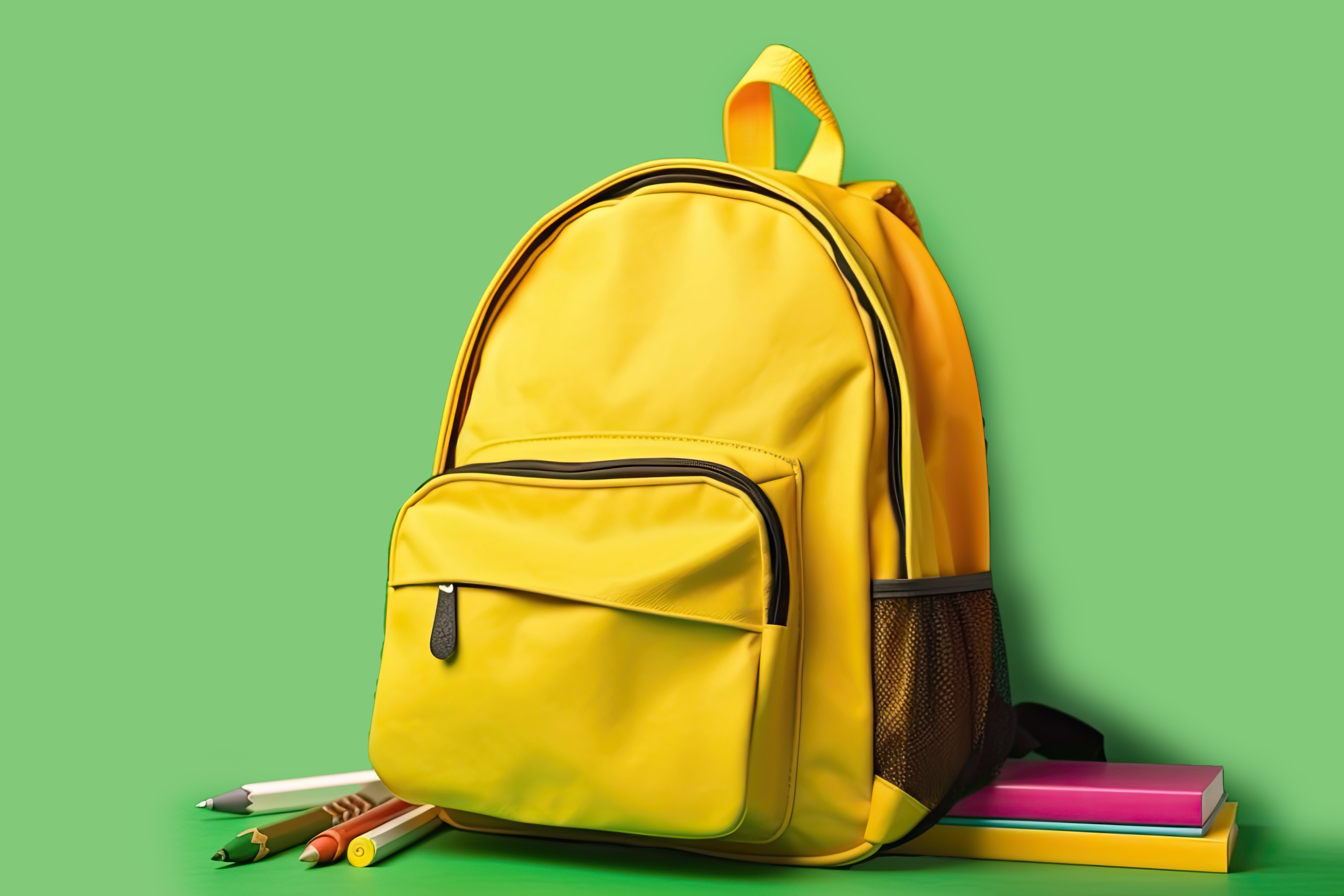 yellow-backpack-school-bag-green-background-ai-generative