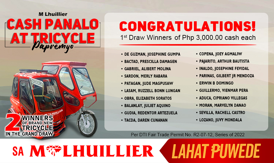 MLHUILLIER CASH PANALO AT TRICYCLE PAPREMYO - 1st Draw Winners of 3k (Website)