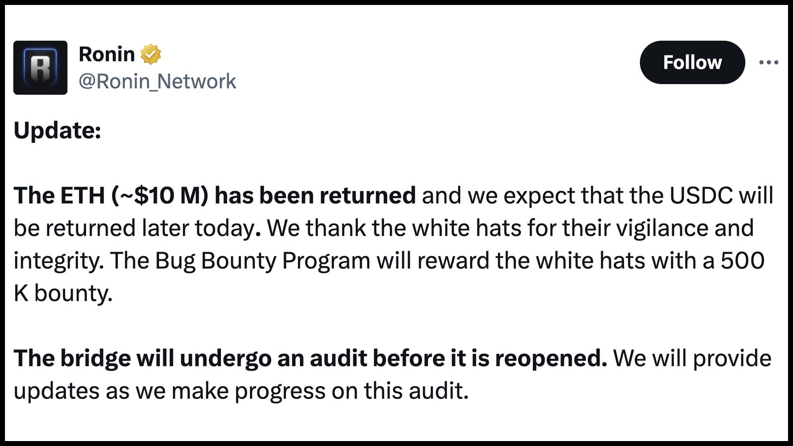 White Hat Hackers Return Millions They "Stole" From Ronin Network