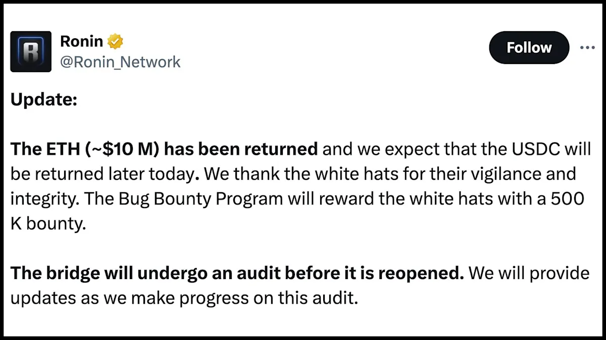 White Hat Hackers Return Millions They "Stole" From Ronin Network