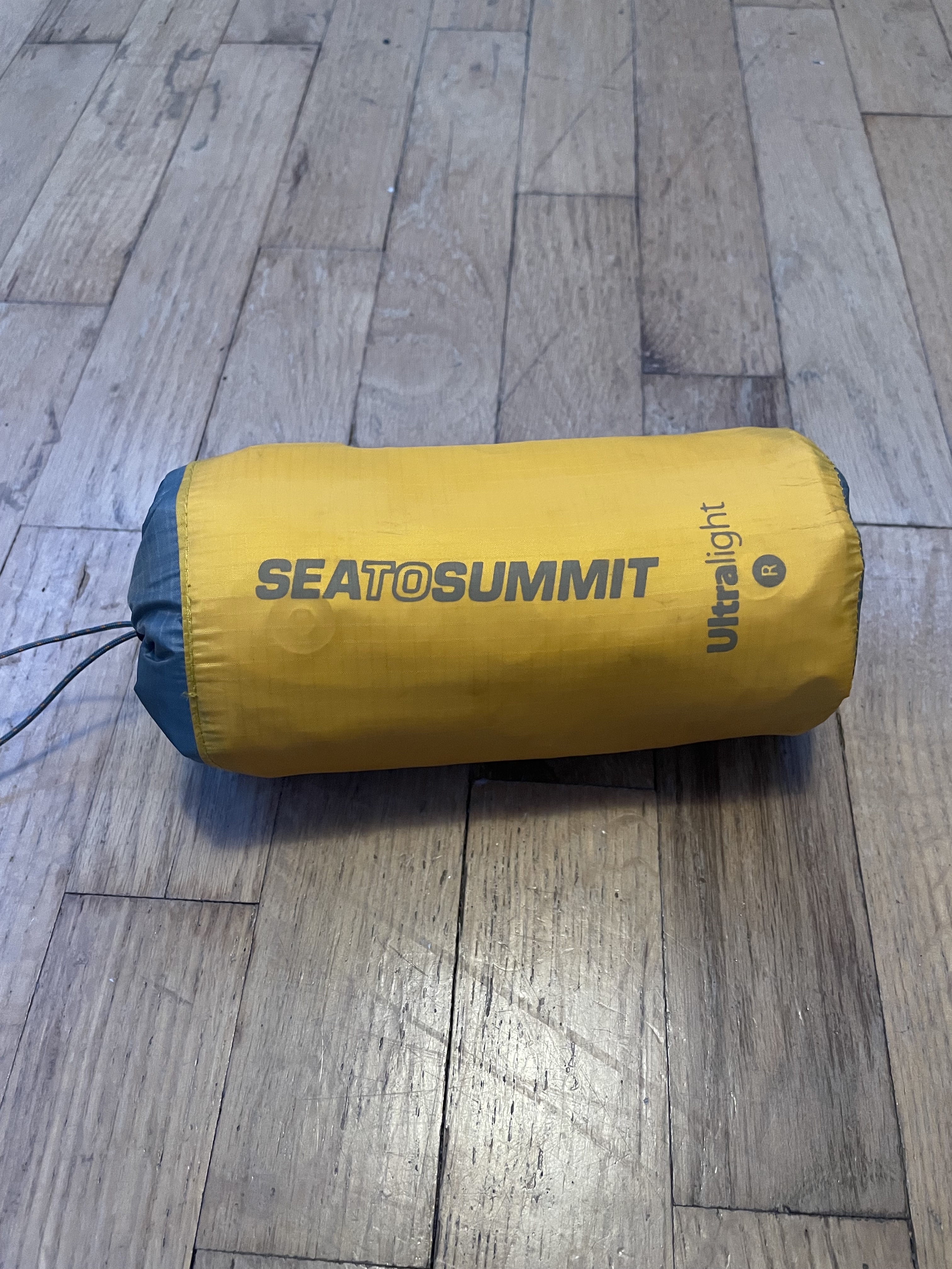 A picture of a small cylindrical nylon sack that reads "Sea to Summit" ultralight, and contains a sleeping pad.