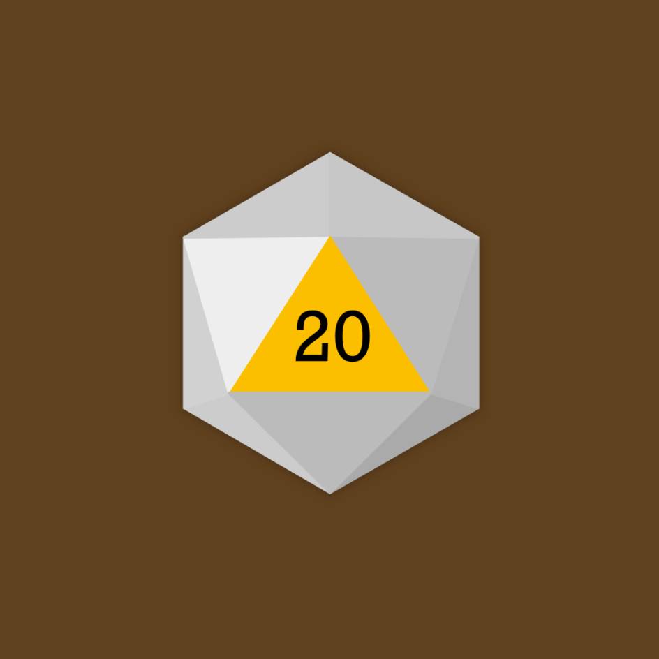 A 20-sided die showing the number 20.