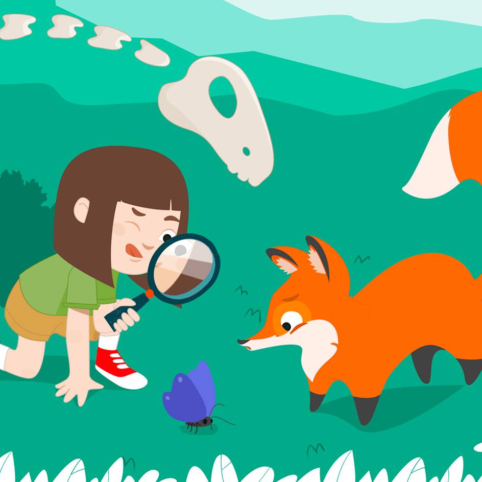 An illustration of a kid enjoying nature with his friend Dippy.