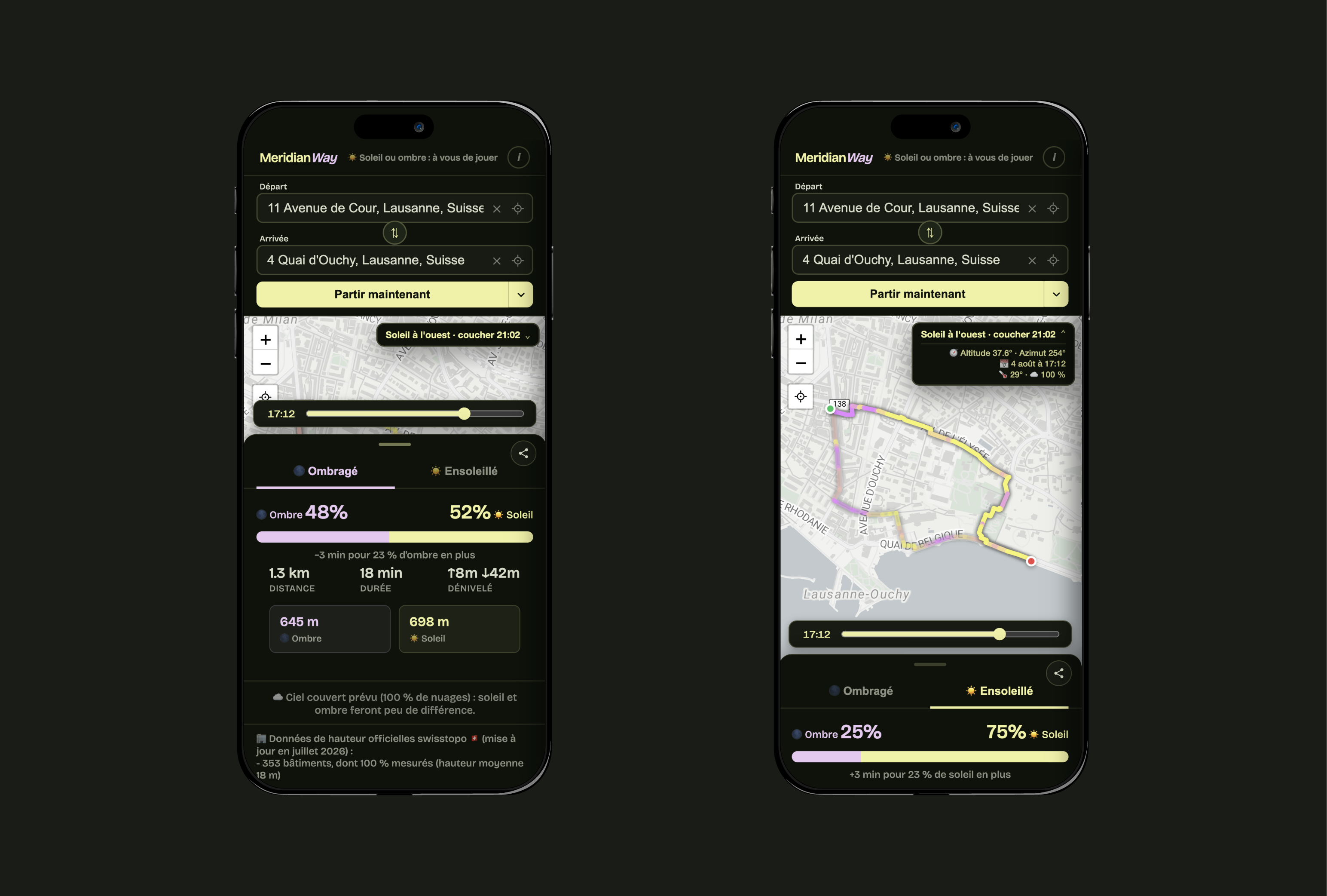 Smartphone screenshots of 2 paths drawn on a map with more details in drawers.