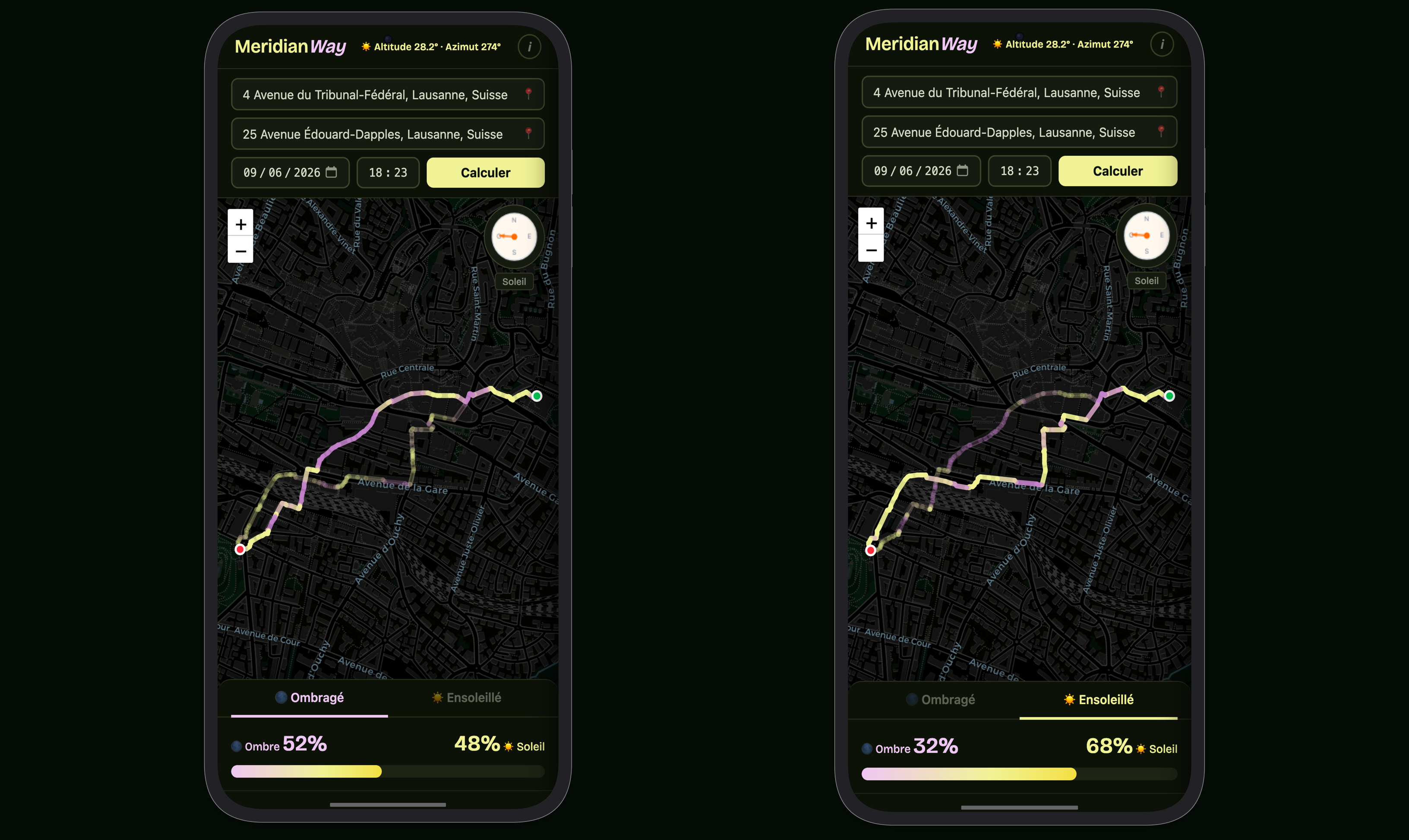 Smartphone screenshots of 2 paths drawn on a map.