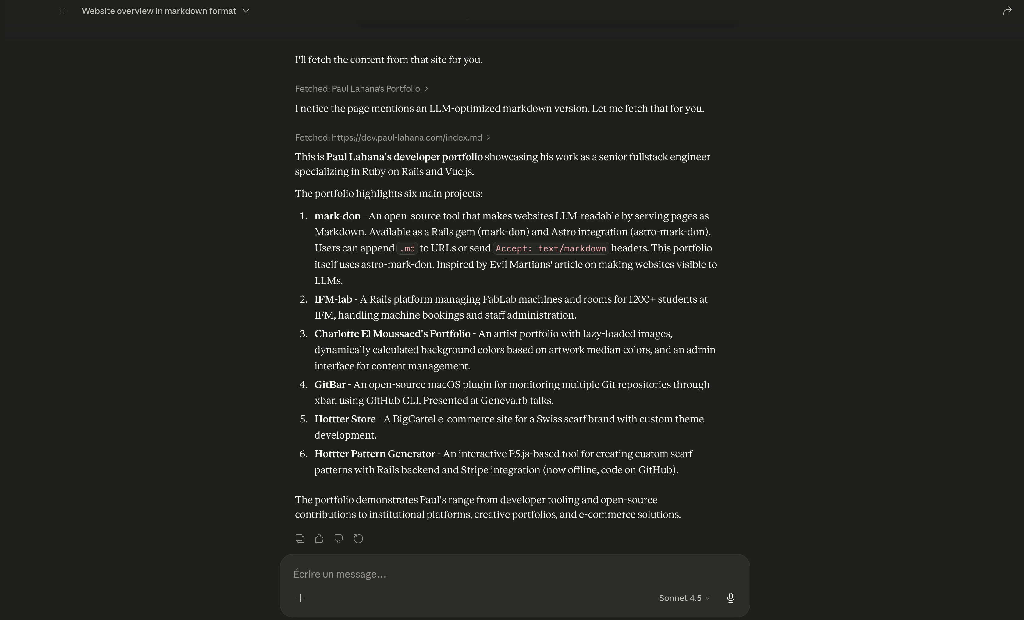 an exemple of what Claude find when parsing this portfolio