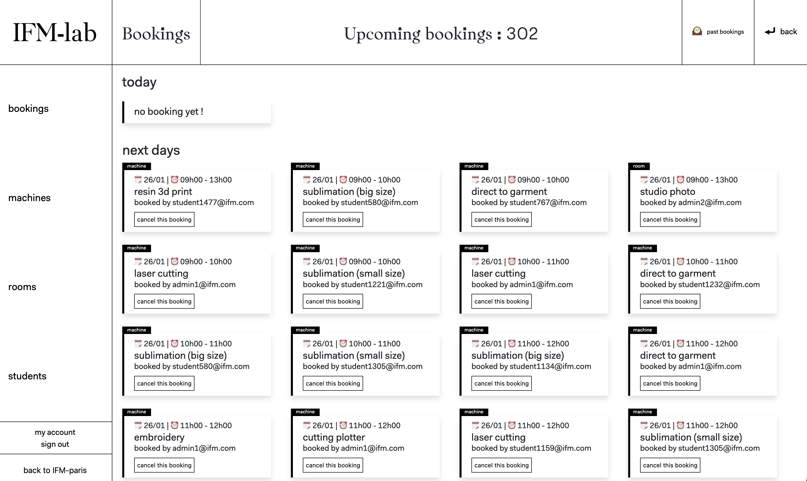 IFM-lab admin interface displaying the upcoming bookings