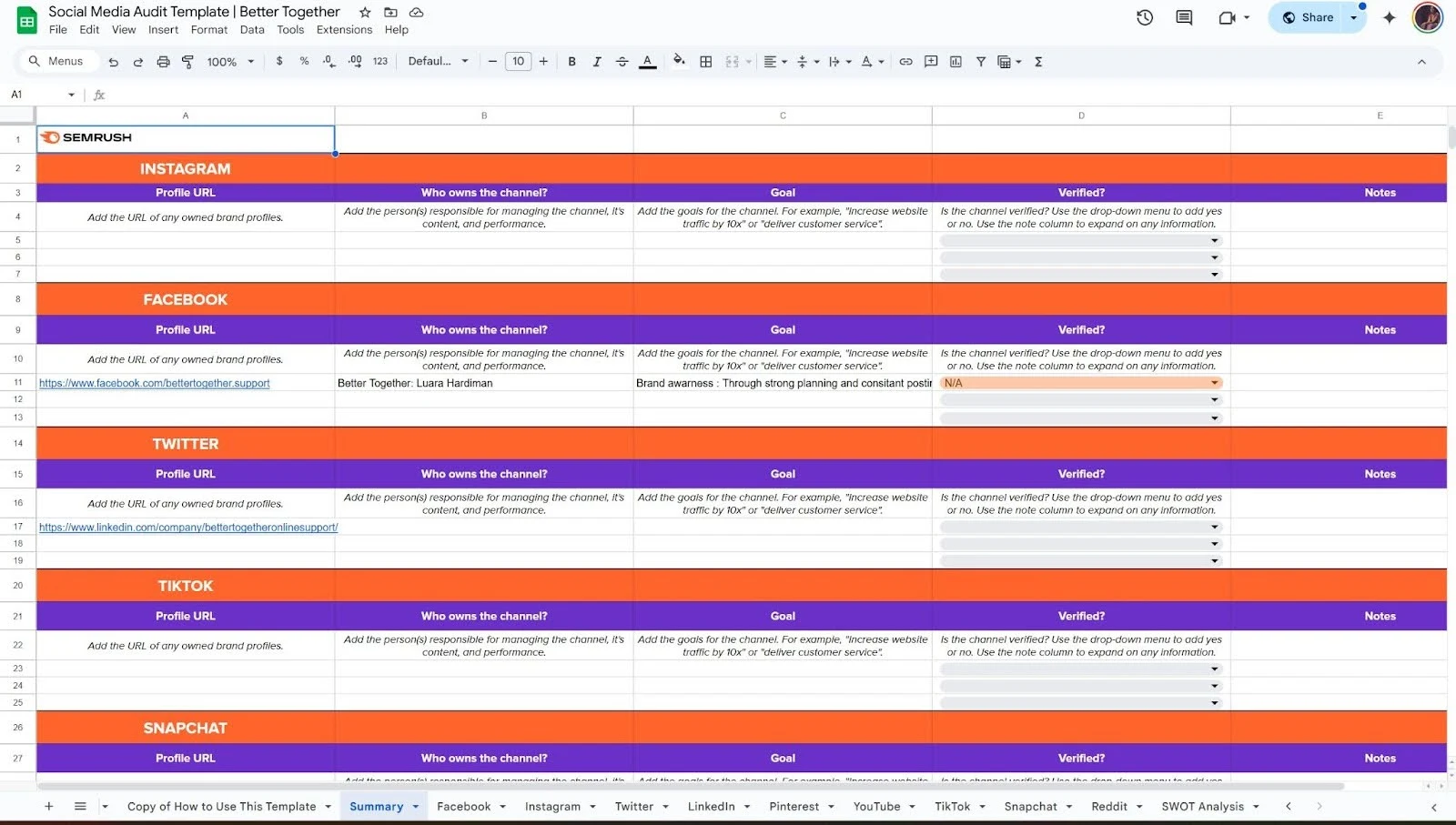 Social media audit spreadsheet showing platform sections, profile URLs, channel ownership, goals, verification, and notes