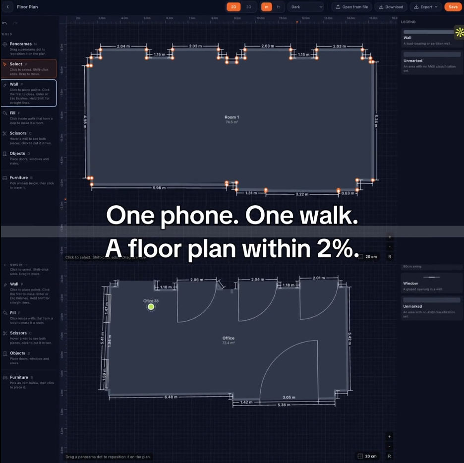 Floor plan captured with iPhone LiDAR next to tape measure results.
