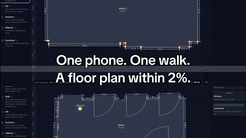 Floor plan captured with iPhone LiDAR next to tape measure results.