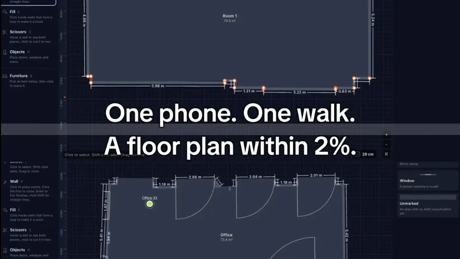 Floor plan captured with iPhone LiDAR next to tape measure results.
