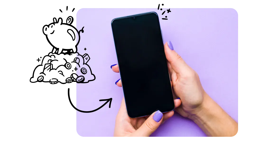 Piggyback on a pile of money pointing to a repaired phone screen