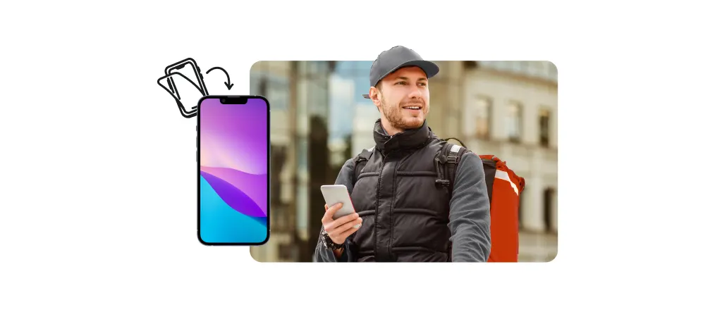 Delivery driver using a smartphone alongside a trade-in icon, highlighting mobile device upgrades, phone trade-in programs, and repair services for busy professionals.