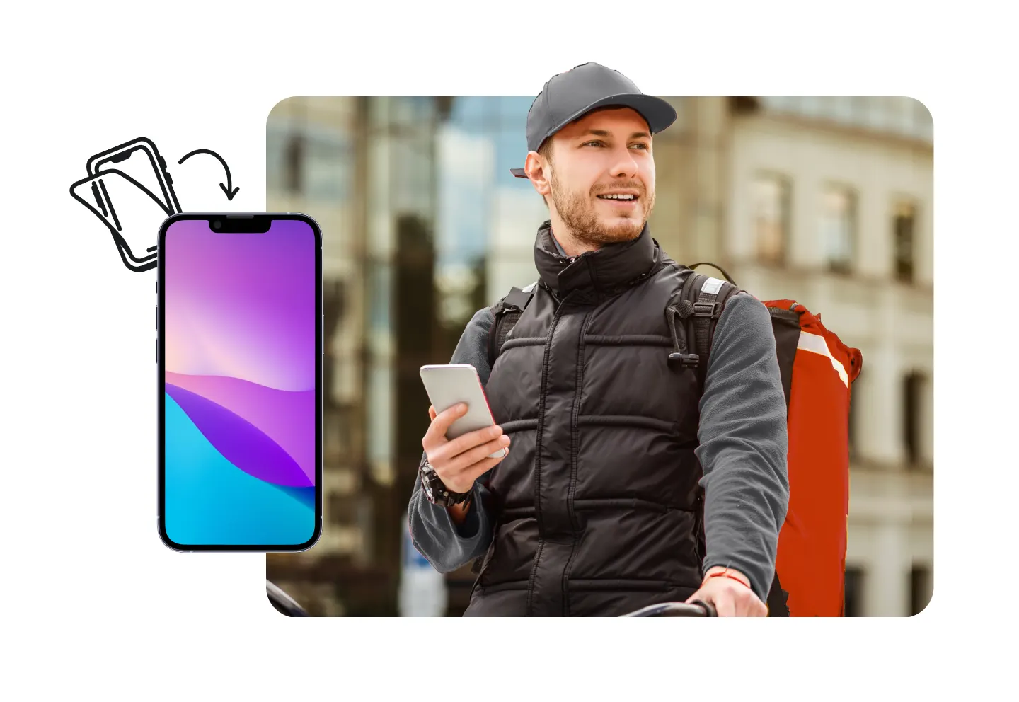 Delivery driver using a smartphone alongside a trade-in icon, highlighting mobile device upgrades, phone trade-in programs, and repair services for busy professionals.