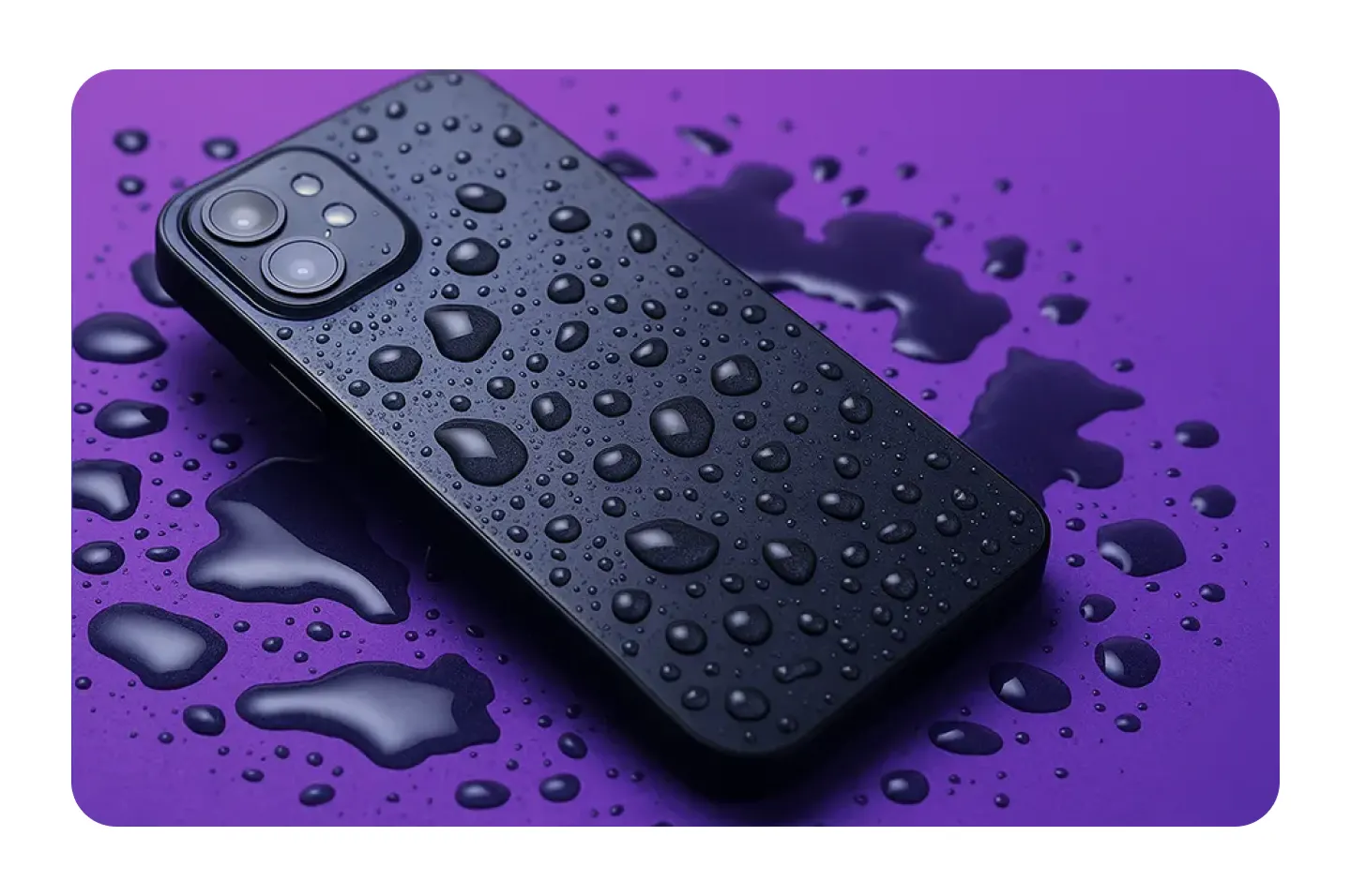 Smart phone covered in water droplets