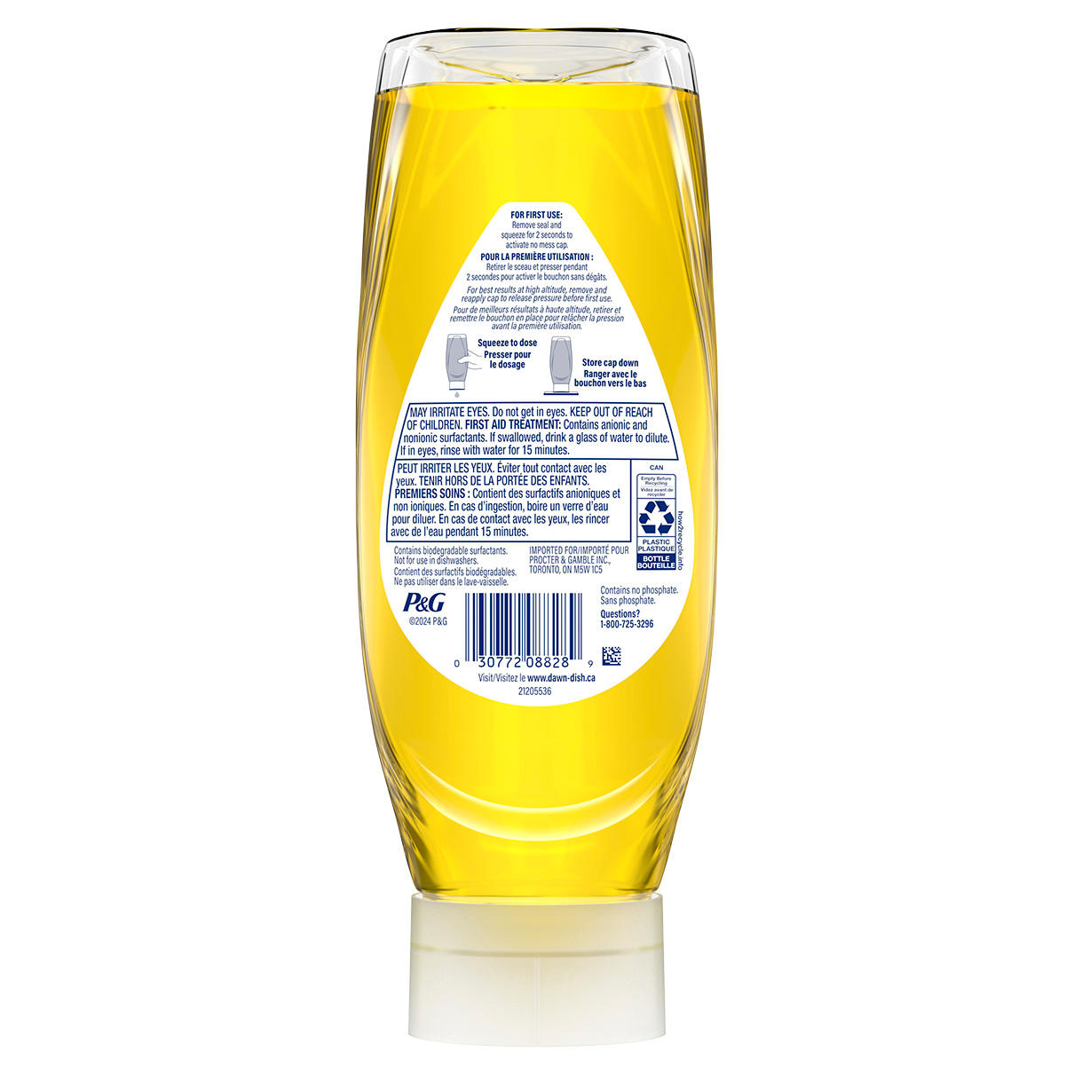 Back view of Dawn Ultra + Oxi EZ-Squeeze Dish Soap, Dishwashing Liquid, Lemon showing usage instructions and product details on the labels.