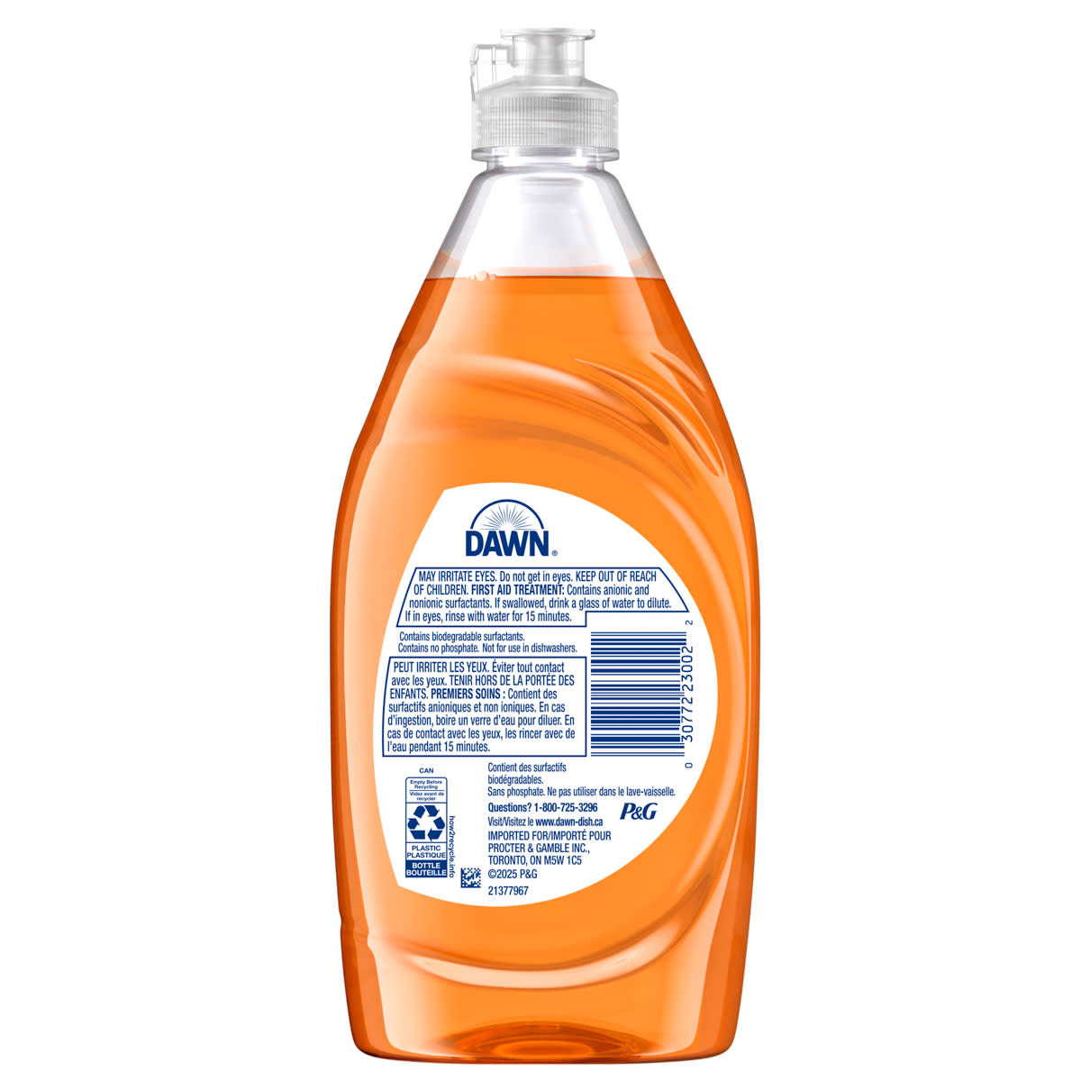 Back view of Dawn Antibacterial Hand Soap, Dishwashing Liquid, Orange 431mL showing usage instructions and product details on the labels.
