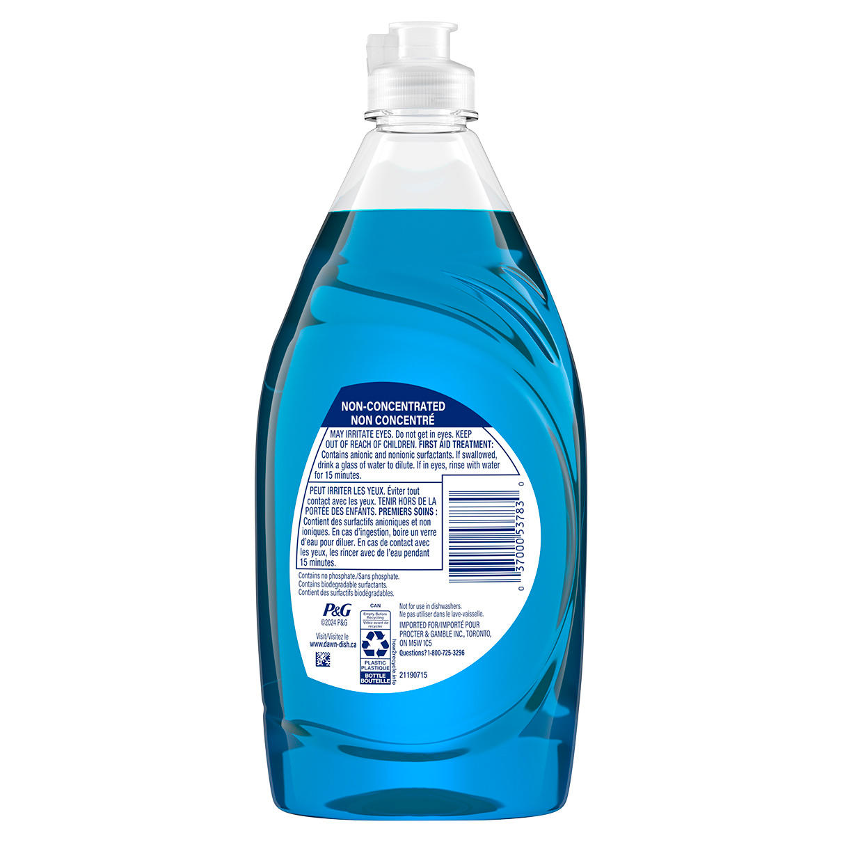 Back view of Dawn Non-Concentrated Dish Soap, Original Scent showing usage instructions and product details on the labels.