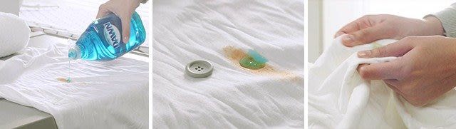Applying small a button size amount of Dawn to soiled shirt and rubbing in with hands